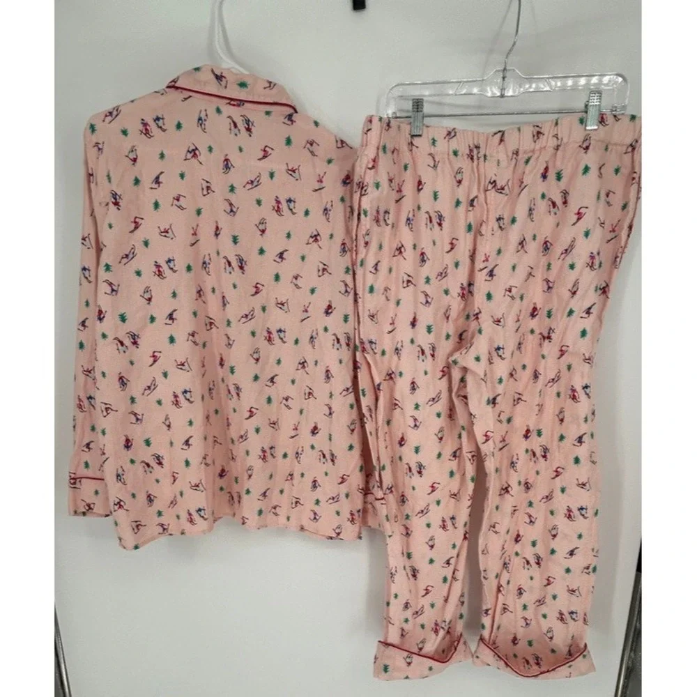 Lands End Womens L 14-16 Pajama Set Pink Ski Print Cotton Apres Ski Cozy Cabin